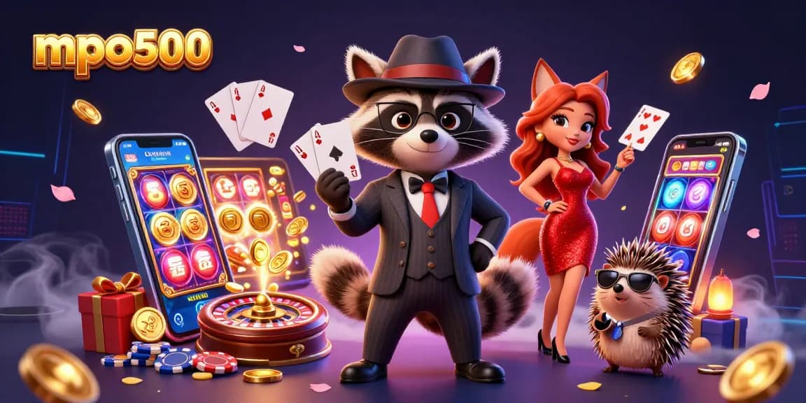 Experience the excitement of mpo500 with cartoon characters enjoying a vibrant casino scene.