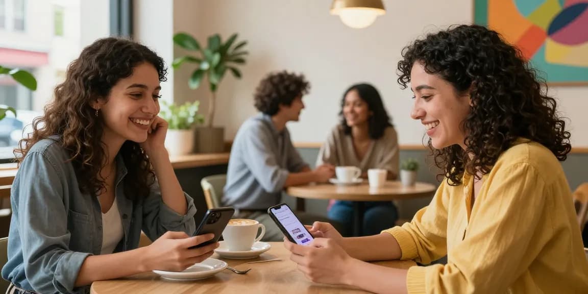 Diverse singles enjoying dating conversations at cafe while using the HundRoses dating app.