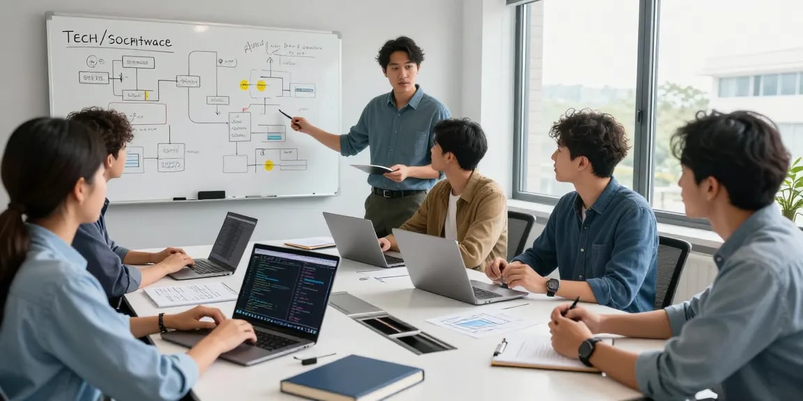 Team building internal tools with AI in a modern office setting, showcasing collaborative brainstorming.