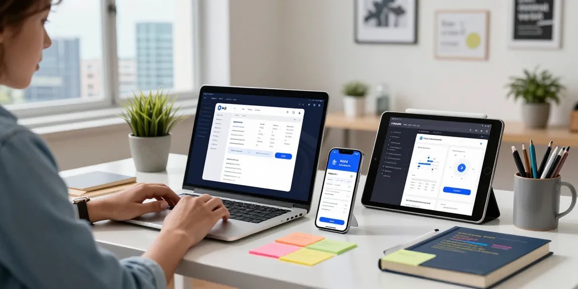 Developer showcasing the bdtjl app interface in a modern workspace, highlighting innovation.
