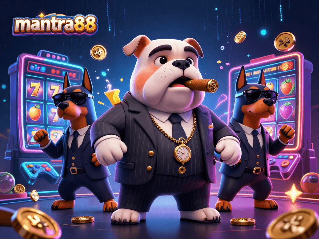 Experience thrilling jackpots with mantra88's vibrant casino gaming scene, featuring a mafia bulldog and Doberman bodyguards amidst 3D slot excitement.