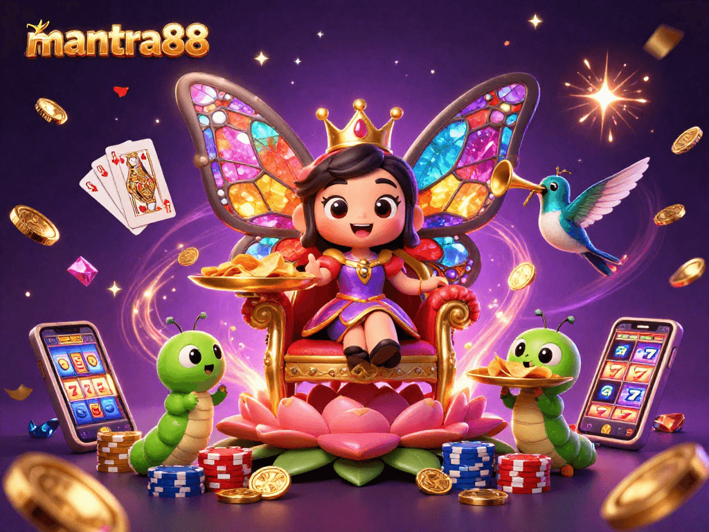 Experience mantra88’s winning excitement through a vibrant casino scene with animated characters and magical effects.