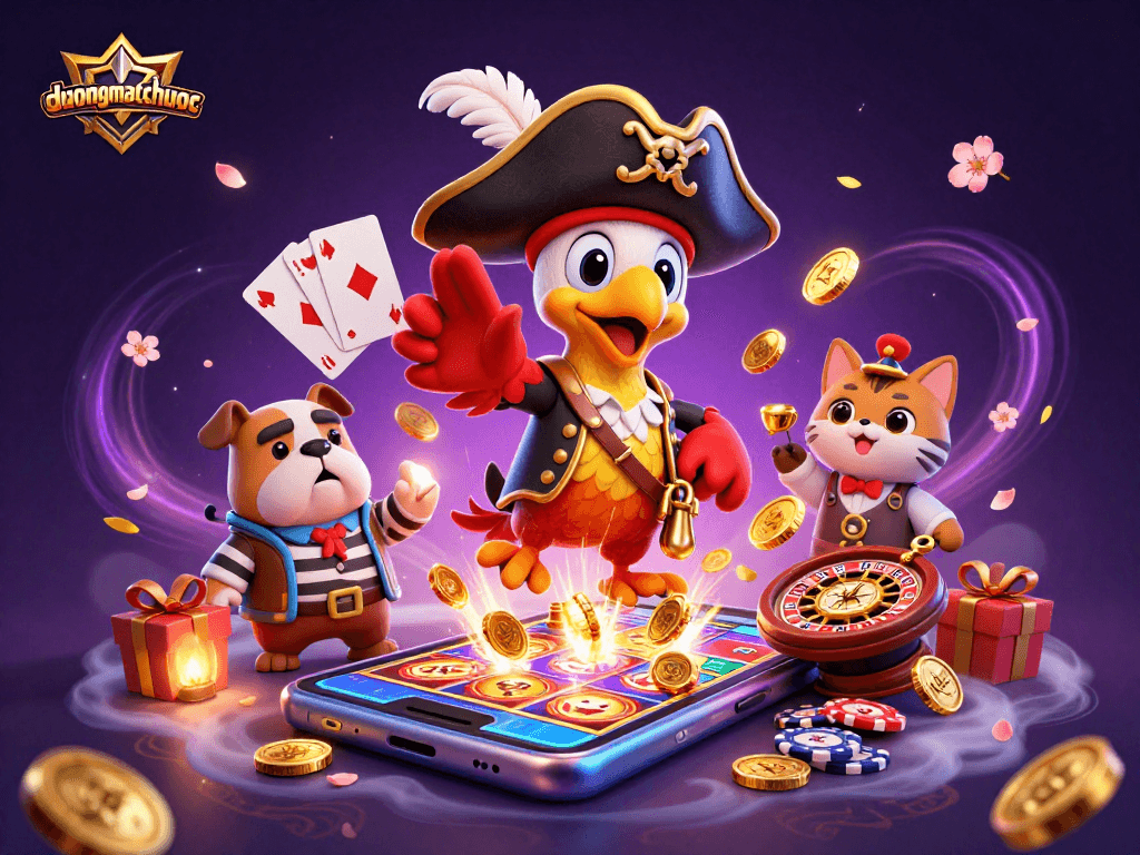 Spin and win with duongmatchuoc's vibrant casino elements, including colorful slots and golden coins.