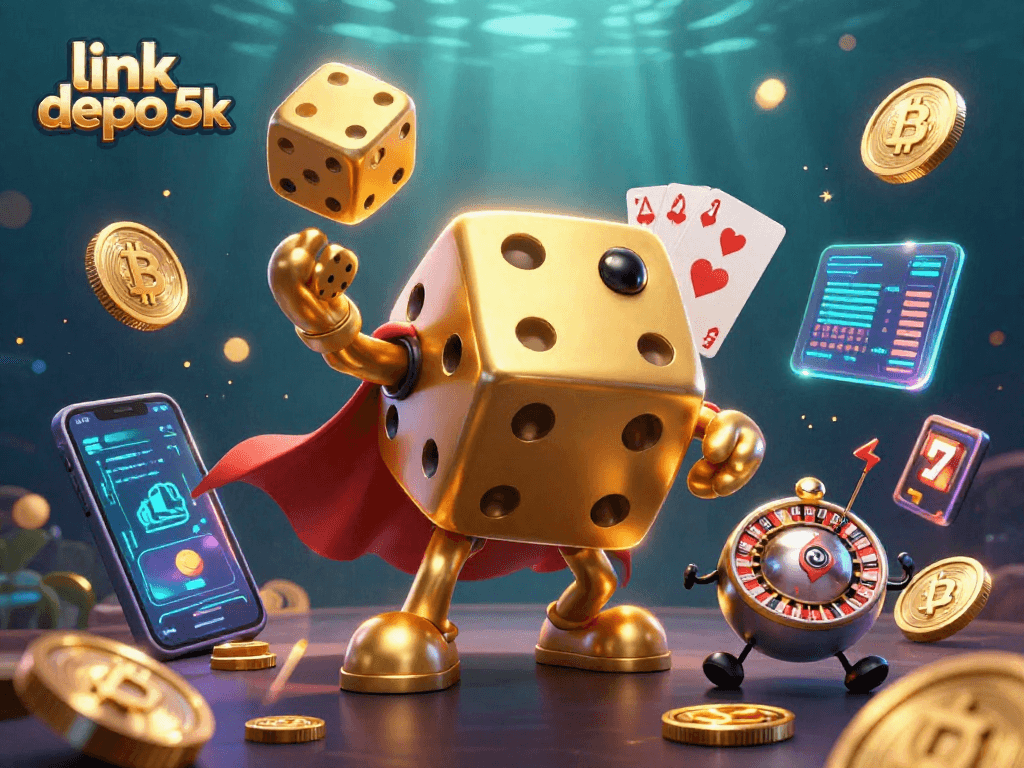 Play exciting games with link depo 5k, featuring golden dice, vibrant coins, and dynamic casino elements.