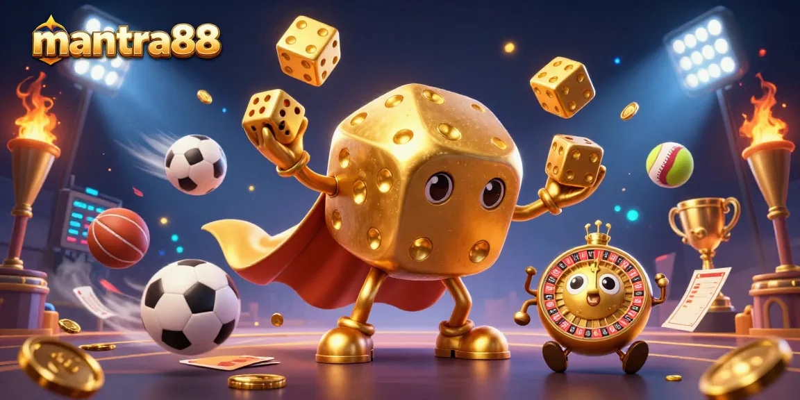 Experience the excitement of mantra88 with vibrant casino-themed 3D illustration featuring dynamic characters.