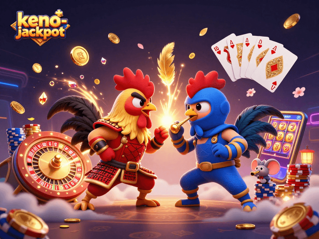 Engage in thrilling keno-jackpot battles with animated roosters and dazzling casino elements.