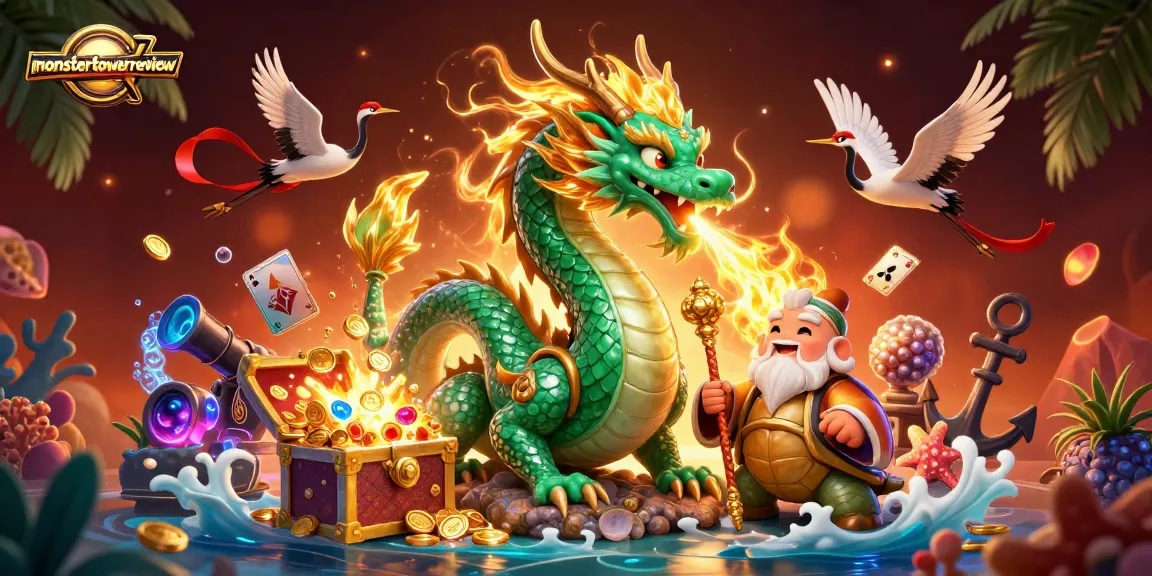 Experience thrilling action in monstertowerreview with a jade dragon guarding treasures and lucky cranes.