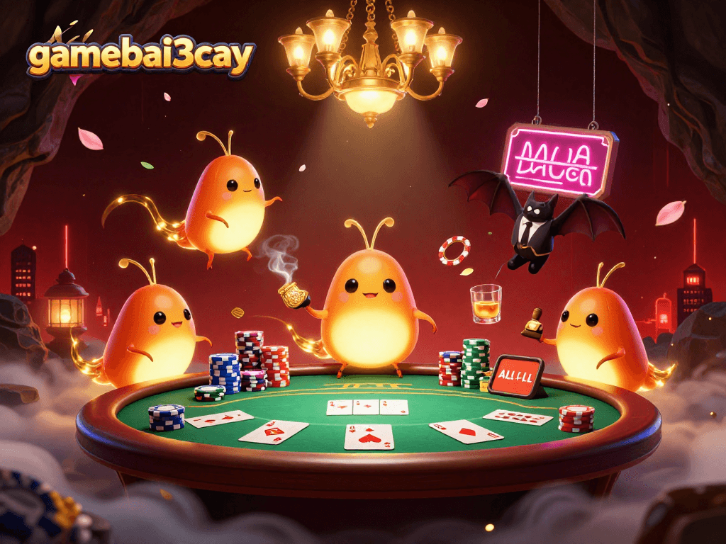 gamebai3cay showcases a vibrant cave casino scene with whimsical glowworms and a bat dealer.