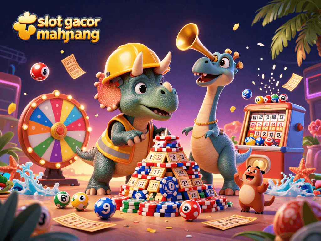 Experience the thrill of slot gacor mahjong with lively characters celebrating bonuses amid dynamic casino elements.