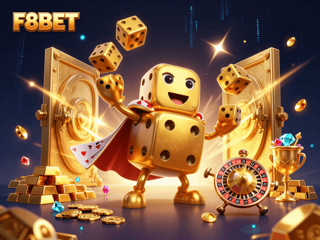 Experience the thrill of F8BET with golden dice golem and lavish casino treasures in 3D art.