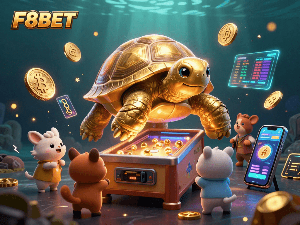 Experience vibrant gaming action at F8BET with a thrilling casino-themed scene including a giant tortoise pinball machine.