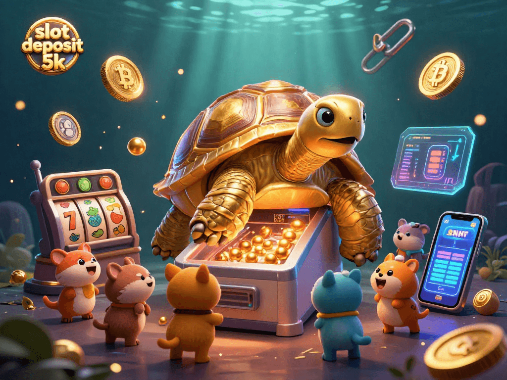 Play exciting games with slot deposit 5k in a vibrant, animated casino scene.