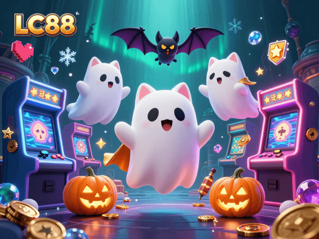 LC88 ghost cat engages in thrilling gaming action amidst glowing arcade machines in a vibrant casino scene.