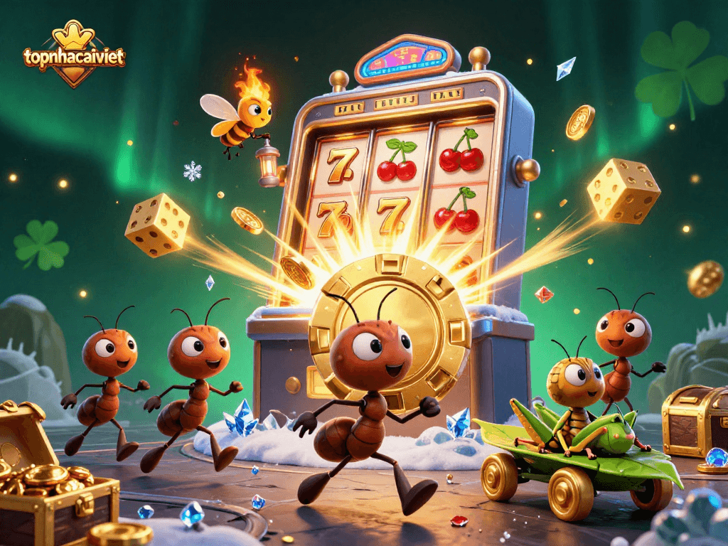 Ants stealing a giant poker chip amidst a vibrant casino scene at topnhacaiviet