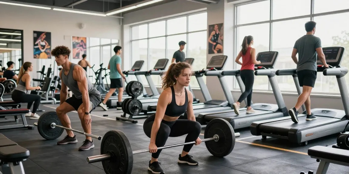 Steroid Shop: Fitness enthusiasts lifting weights and running in a modern gym.