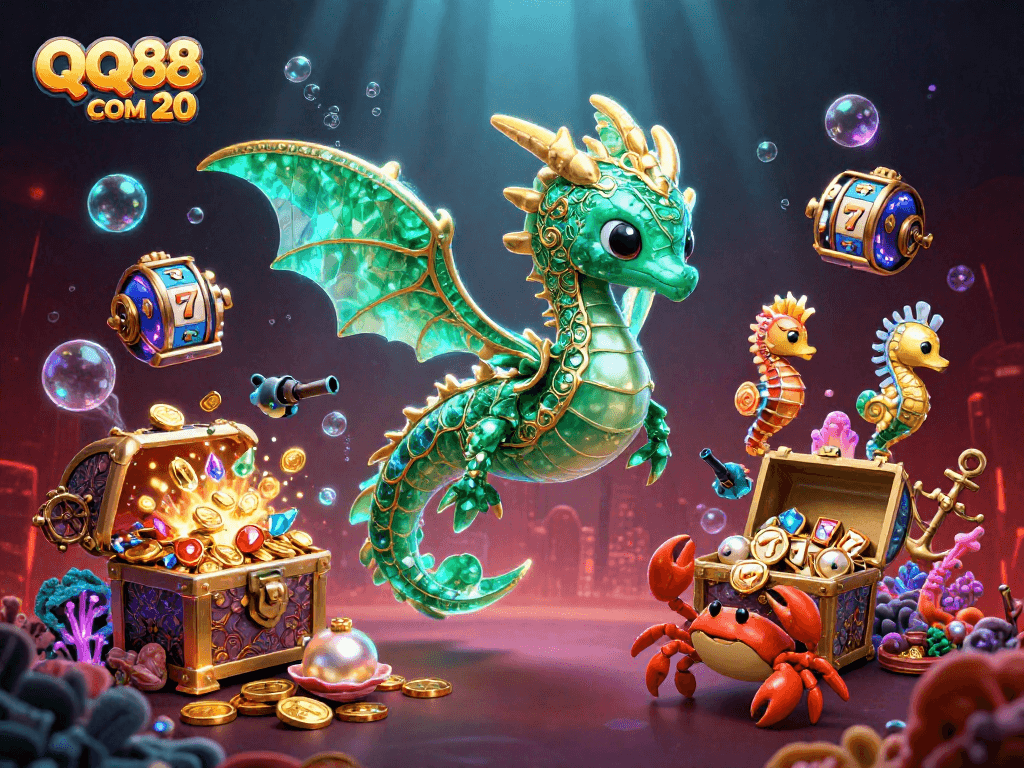 Experience the thrill of QQ88 COM 20 with a vibrant underwater casino scene featuring colorful sea creatures and treasure.