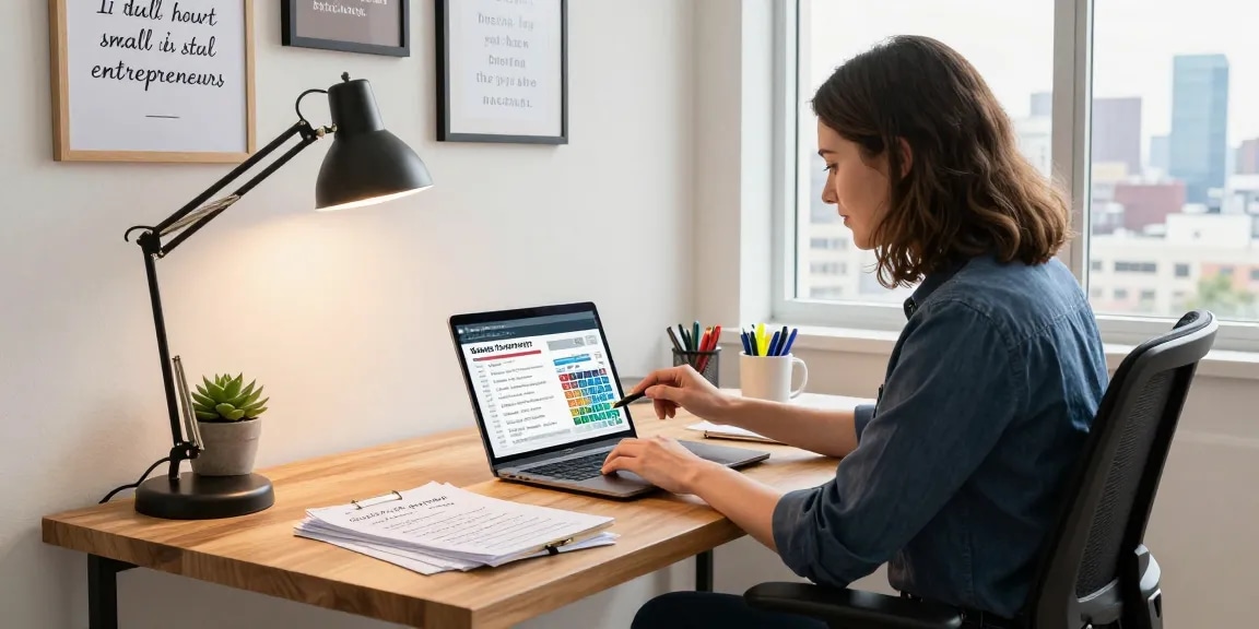 Person evaluating a seller financing calculator in a well-lit home office, documents and laptop open.