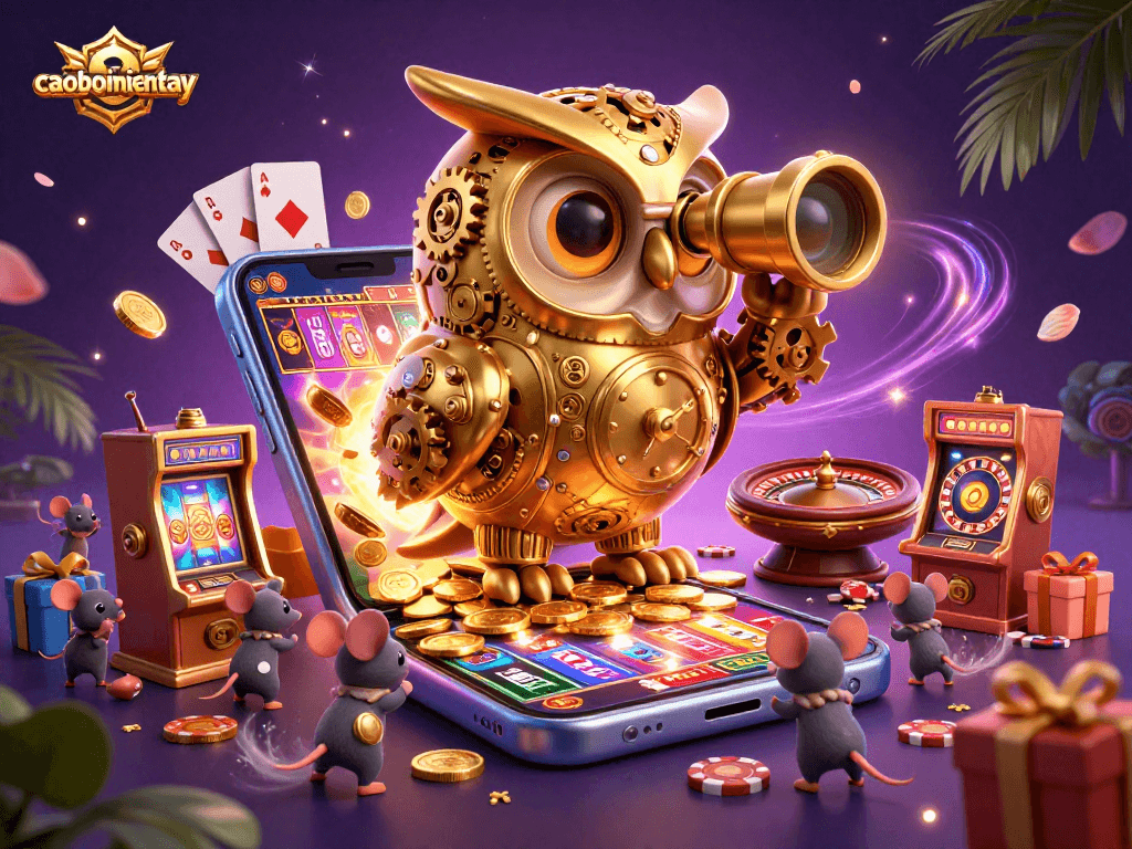 Experience caoboimientay’s thrilling action with a clockwork owl overlooking vibrant casino life.