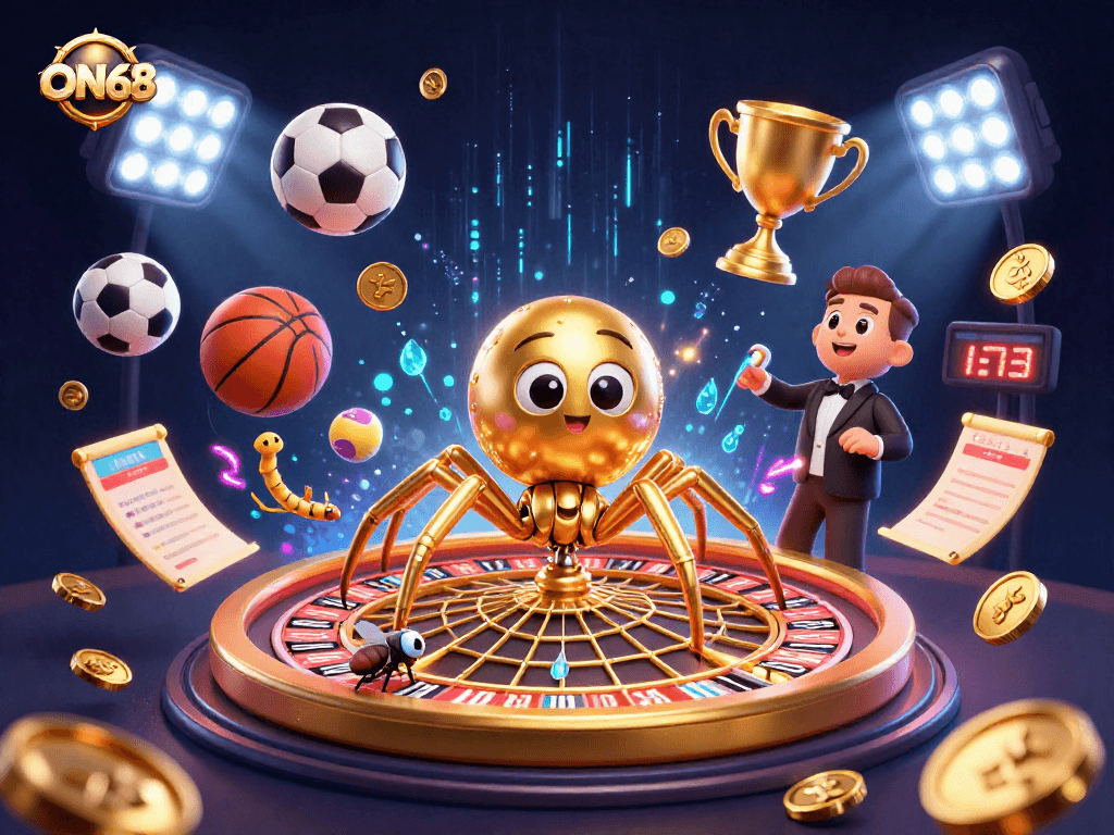 Experience ON68's thrilling gameplay with a golden spider spinning roulette web as sports balls soar around.