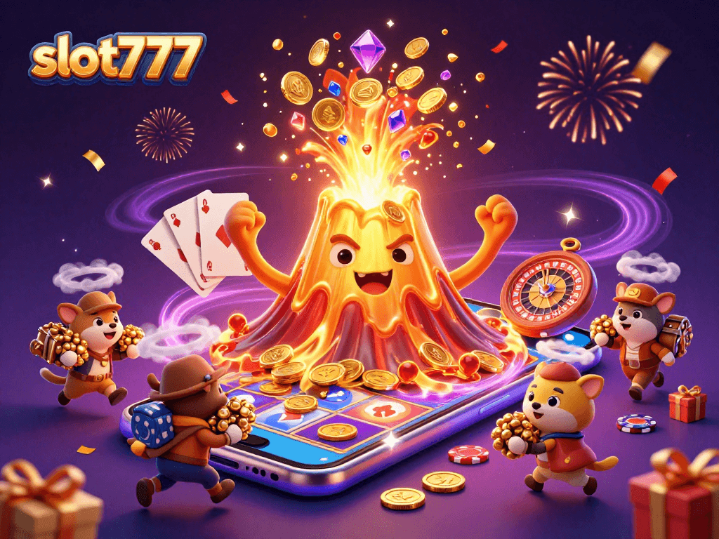 Experience thrilling wins at slot777 with a golden volcano erupting treasures and captivating game action.