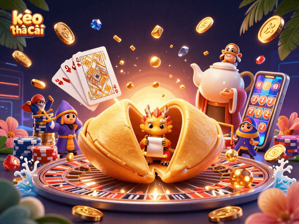 Bet on success with kèo nhà cái, featuring a vibrant 3D casino scene full of lucky symbols.