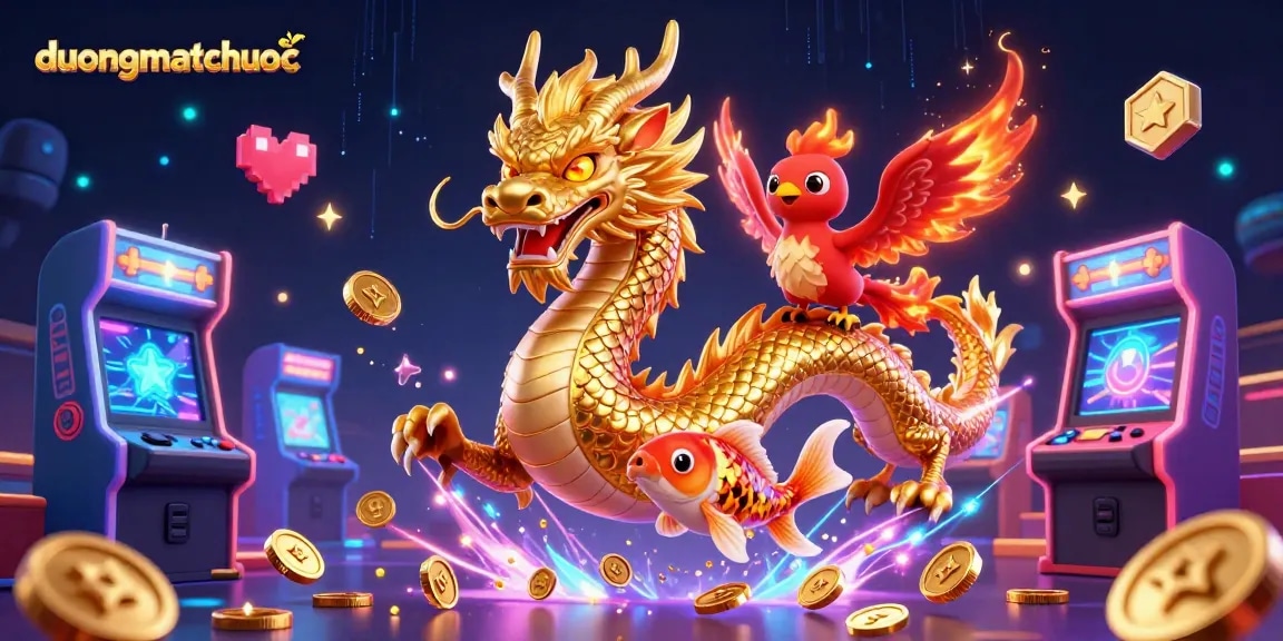 Engage with duongmatchuoc featuring a fierce Chinese dragon and lucky koi fish amidst vibrant casino elements.