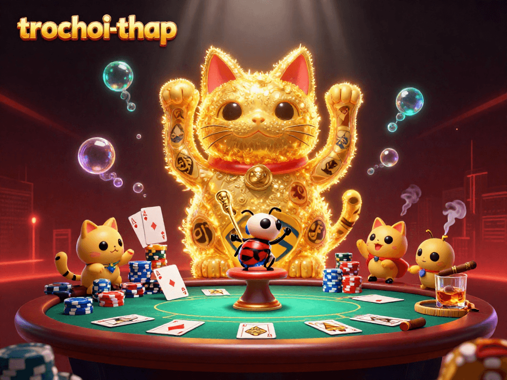 Experience the thrill of trochoi-thap as fireflies shape lucky cats amid vibrant casino elements.
