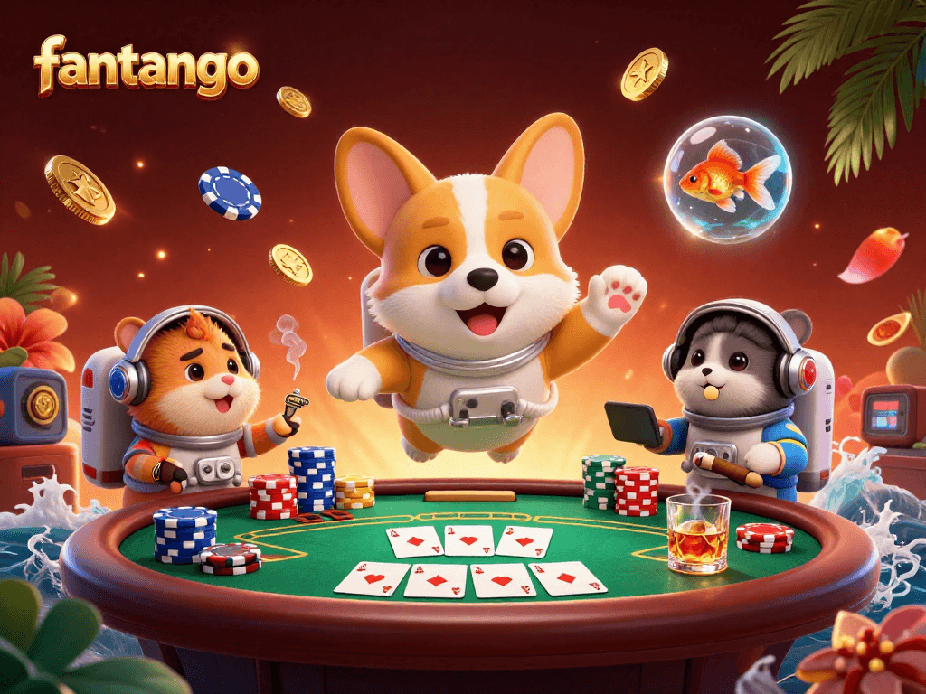 Experience the excitement of fantango in a vibrant space station casino scene filled with poker elements.