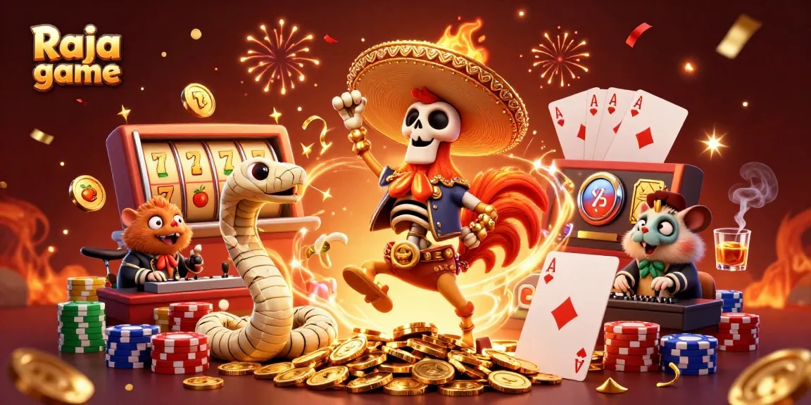 Engage in thrilling slots action with Raja game, featuring a festive scene of vibrant characters and game elements.