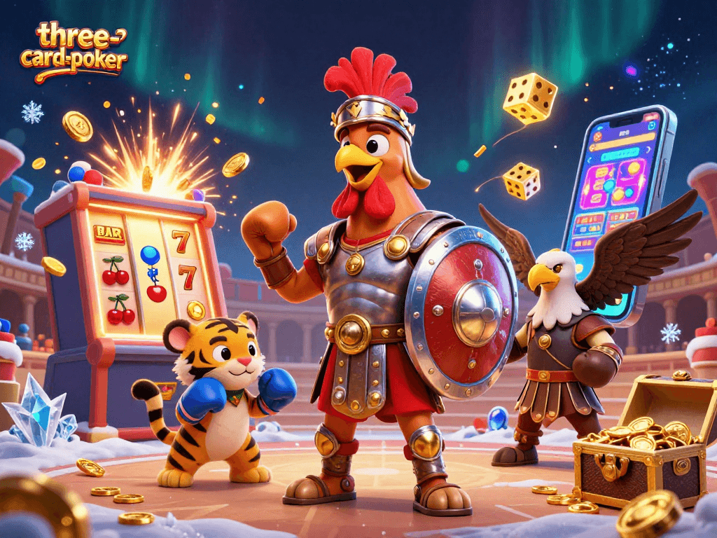 Experience the excitement of three-card-poker in a vibrant 3D casino illustration featuring dynamic gameplay elements.