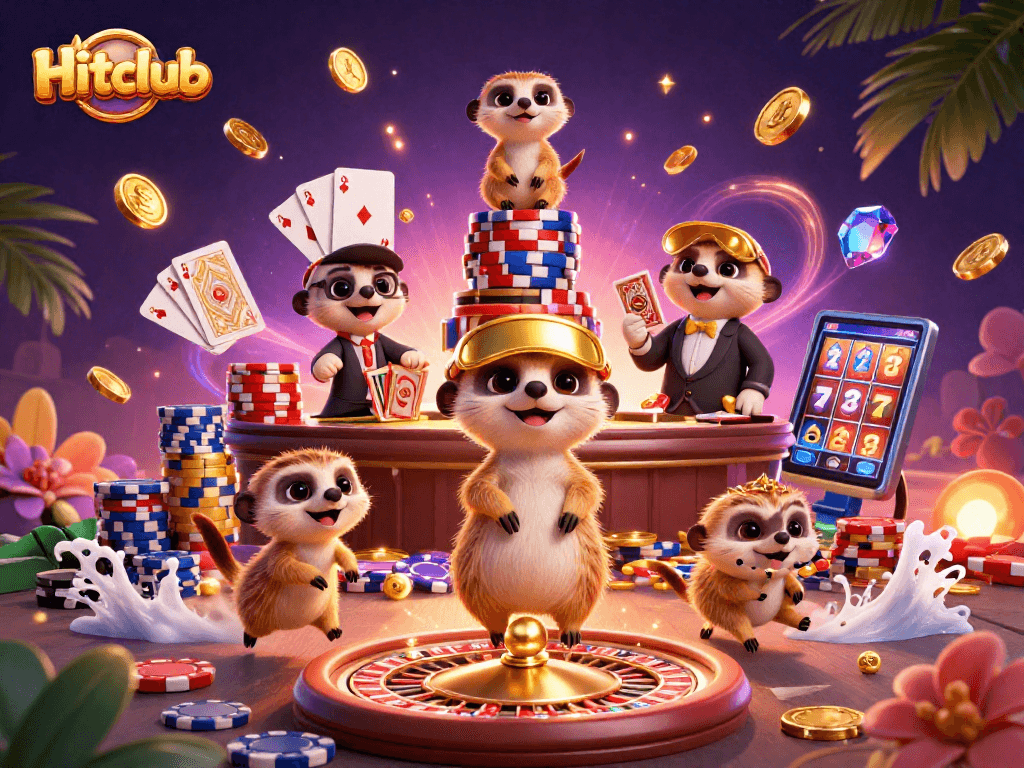 Experience excitement at Hitclub casino with playful meerkats amidst dazzling chips and coins.