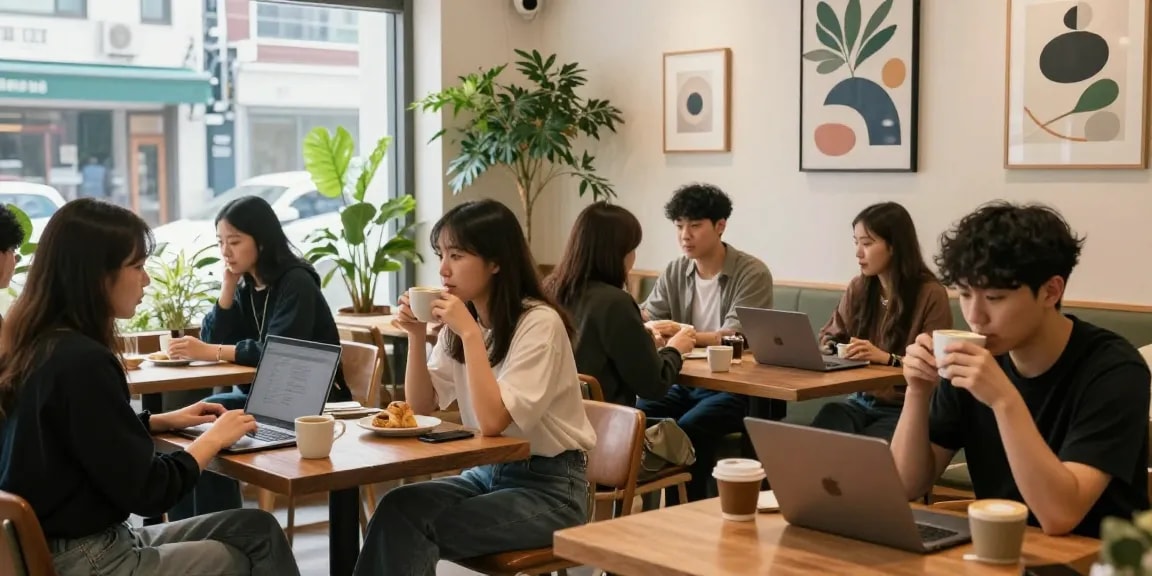 강남 세이렌에서 현대적인 카페에서 커피를 즐기는 고객들 모습
