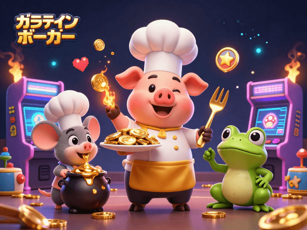 オンラインポーカーで金のコインを捧げるシェフ豚のイラスト