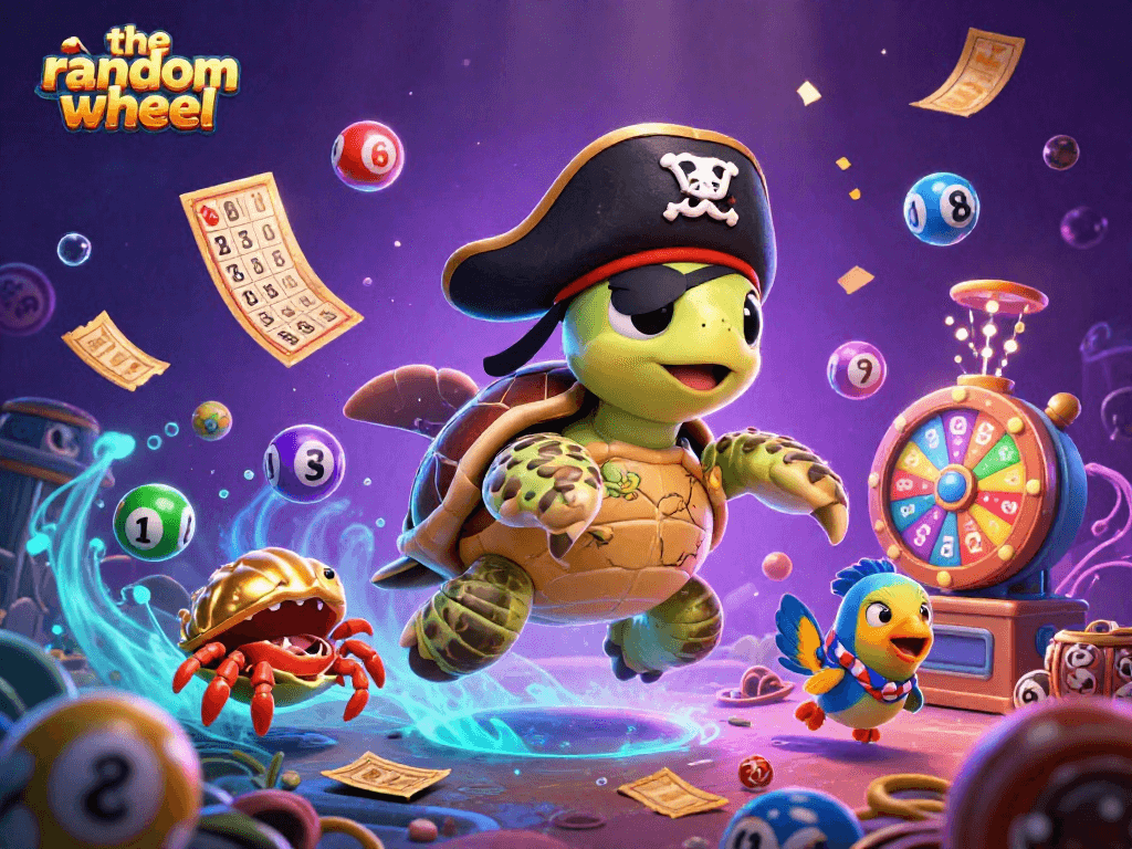 Experience excitement with the-random-wheel as cartoon characters spin vibrant lottery balls above treasure.
