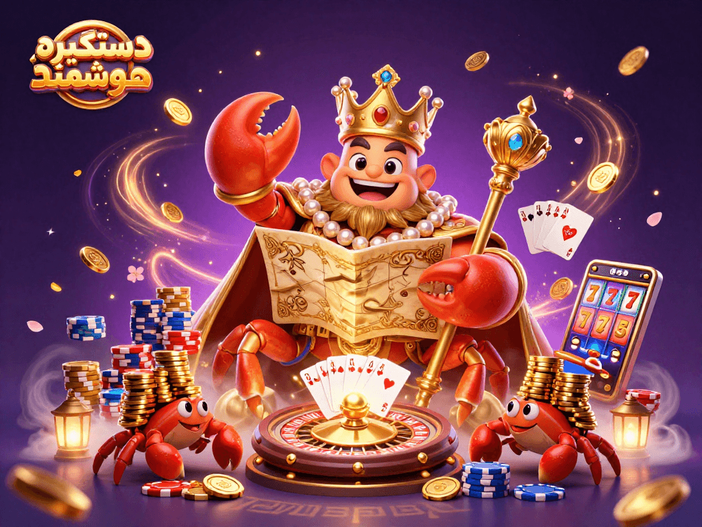 Engage with دستگیره هوشمند in a vibrant 3D casino scene featuring a golden crab and dynamic gambling elements.
