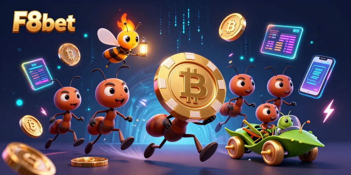 F8bet stakes heightened excitement as a cartoon ant team carries a massive poker chip in a thrilling heist.