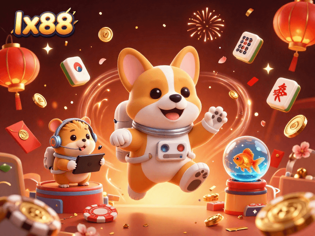 Enjoy exciting games with lx88 as animated characters float in a lively space casino.