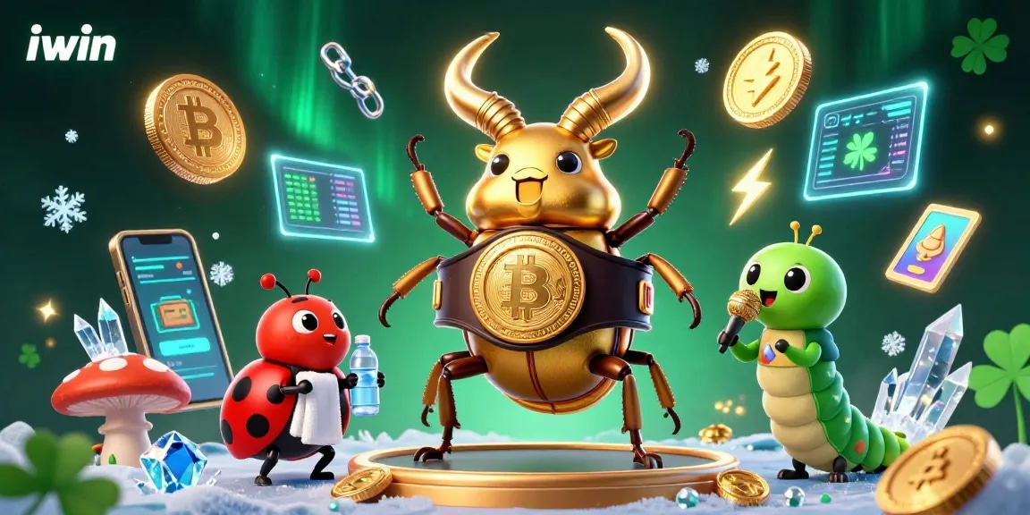 Engage with iwin's dynamic gaming universe featuring a golden stag beetle champion and crypto elements for an immersive experience.