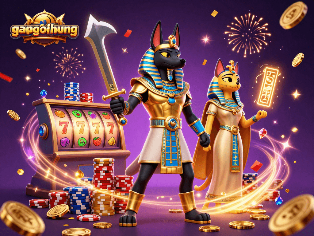 Experience the thrill of gamenohudoithuong with Anubis and Bastet in a vibrant jackpot scene.