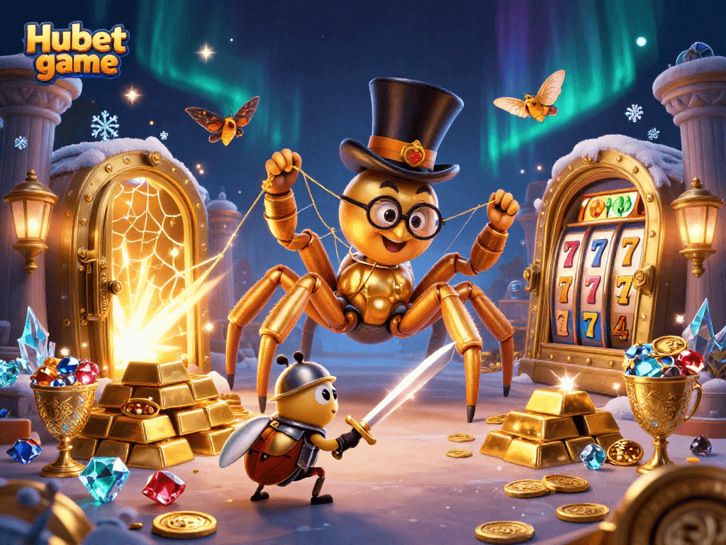 Engage with Hubet game, where a golden tarantula spins a web of jackpot riches amid colorful casino treasures.
