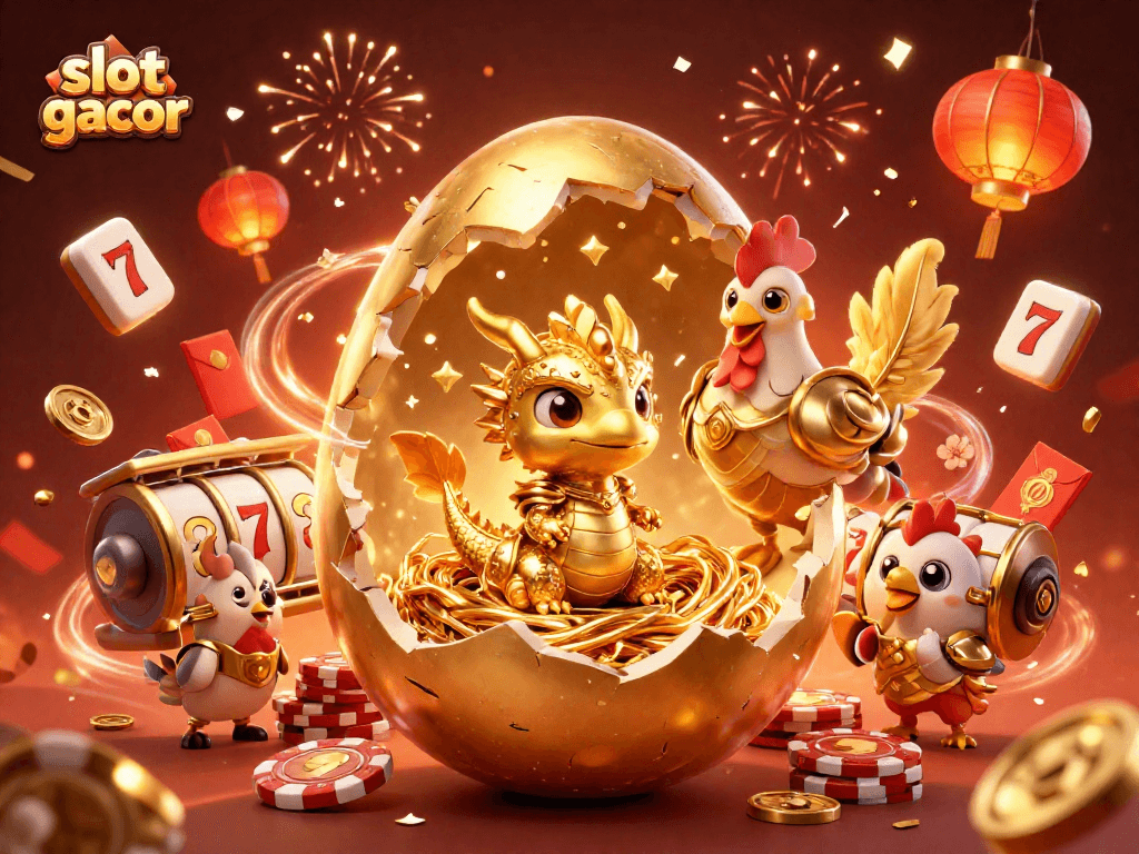 Spin to win with slot gacor as a golden dragon reveals jackpot treasures within a whimsical casino scene.