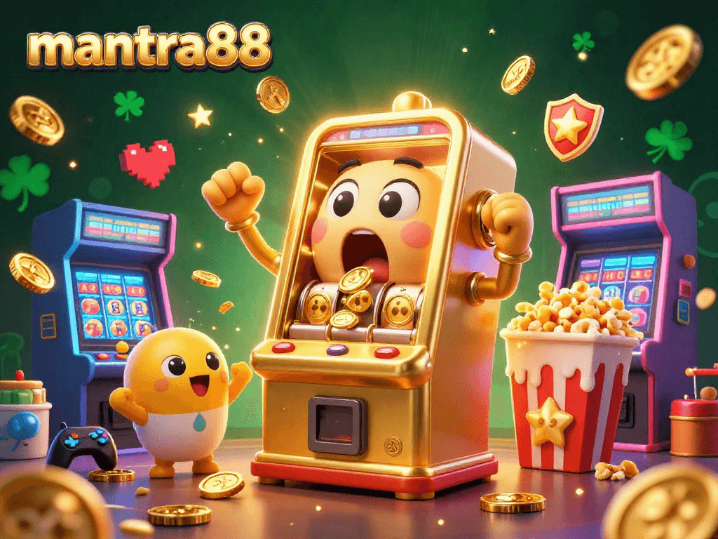 mantra88 golden slot machine hitting jackpot surrounded by arcade elements for exciting casino gaming
