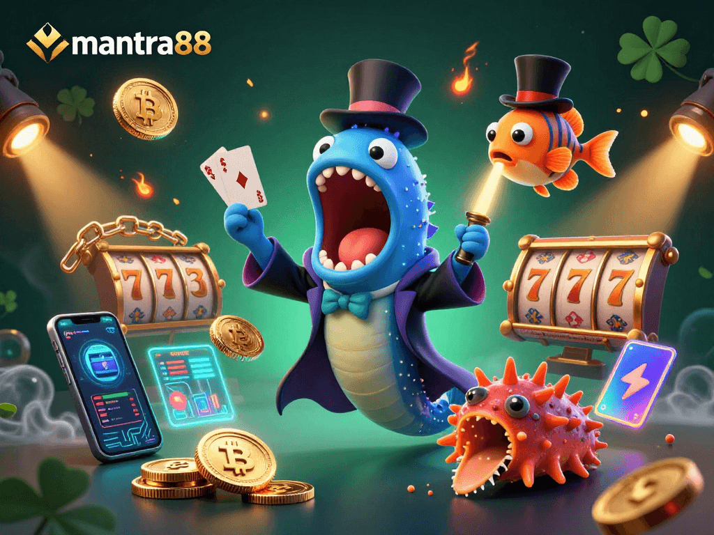 Engage with mantra88's thrilling card magic act showcasing crypto elements and vibrant casino gaming.