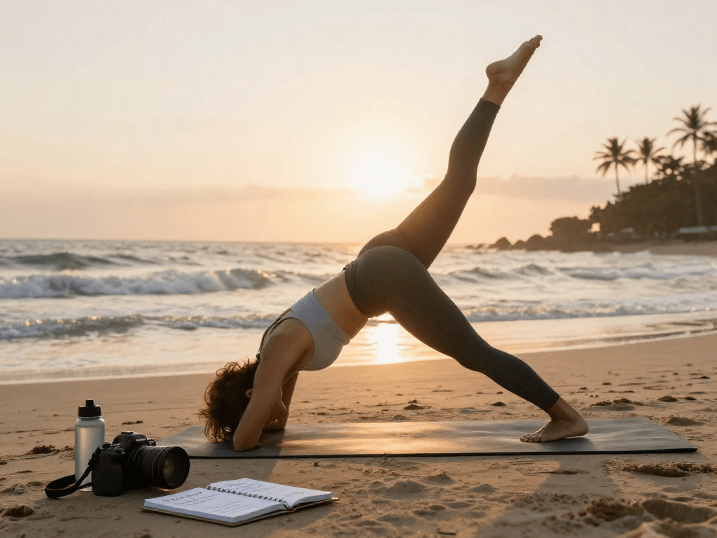 BPC 157 benefits showcased in a serene yoga scene at sunrise, reflecting health and vitality.