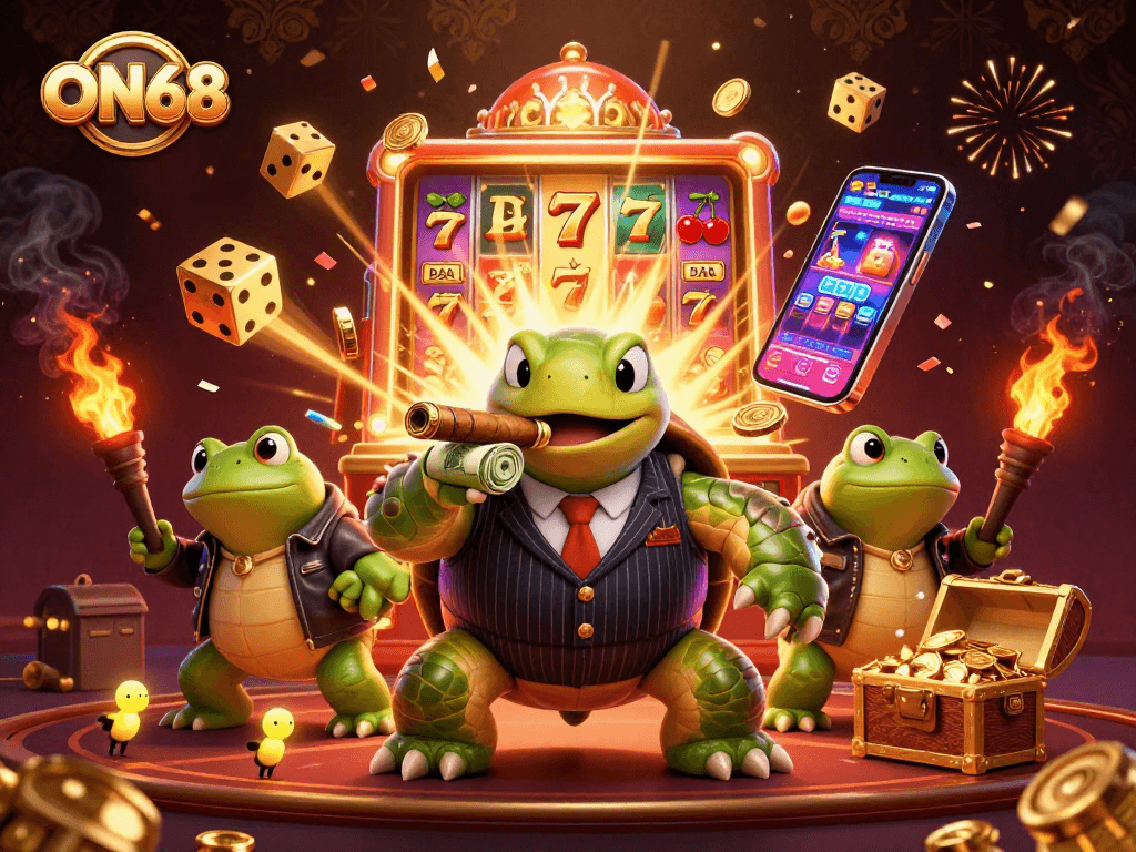 Spin to win with ON68 as a charming snapping turtle leads two bullfrog enforcers in this vibrant casino scene.