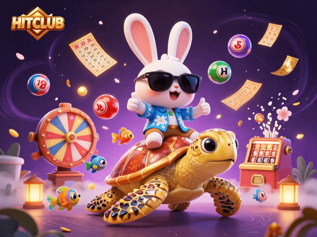 HITCLUB players enjoying vibrant casino fun with a lucky rabbit and golden turtle in a lively illustration.