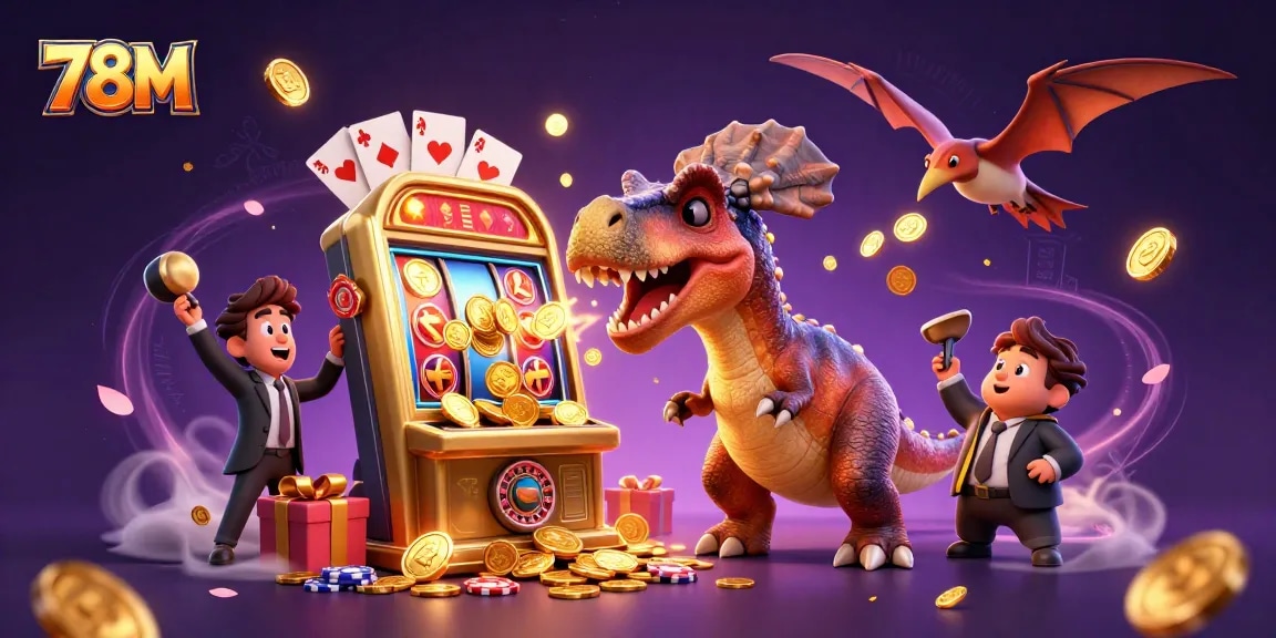 76M ganha moedas de jackpot com dinossauros em cena vibrante de cassino.