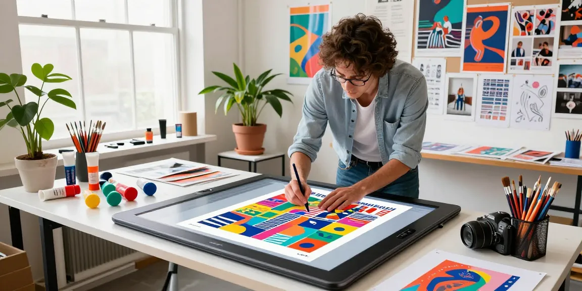 Custom poster printing design in a vibrant art studio with an artist creating