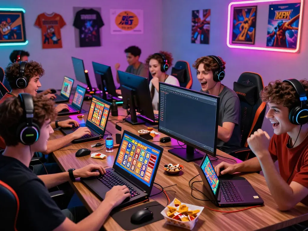Koitoto players enjoying an exhilarating online gaming session with vibrant LED lights and snacks.