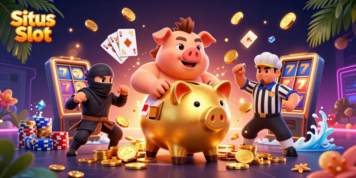 Situs Slot menghadirkan ilustrasi tentang pegulat sumo celengan emas yang menghempaskan koin emas dalam suasana penuh kebahagiaan.
